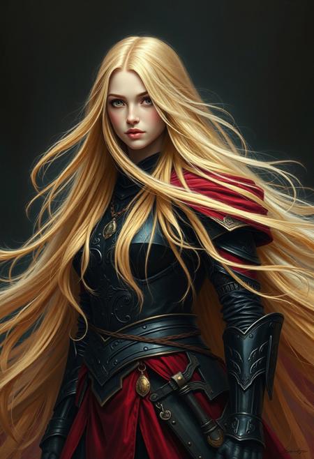 A blonde woman with long hair wearing black and red armor, flowing in the wind like flames of fire, in the style of Alex Alemany. This fantasy art style painting features high detail, high resolution, perfect details, perfect colors, a dark background, cinematic lighting, a beautiful composition, detailed, high definition, sharp focus, intricate details, hyper-realistic, super detailed, very professional, and very smooth
extremely long hair, 100-feet of hair, super long hair, real rapunzel, rapunzel, rapunzel long hair, hair fetish, hair job, Dreamgirl, Goddess, gorgeous, amazing hair, longest hair, perfect hair, longest hair ever, hairstyles, hairstyling, hair, Debra Jo hair, extreme hair, extreme long hair, extremely long hair, Debra Jo, extreme longest hair, voluminous hair, thick and luxurious hair which is hangs to the floor and covers it. Her expression radiates confidence as she shows off her thick, luscious locks. super thick soft luxurious long lush sleek heavy voluminous cascading pendulous ultra silky pendulous shampoo commercial hair dragging the ground, around her on floor, hair piles behind her on floor