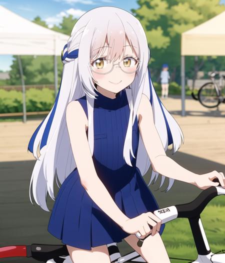 akizuki_kei, solo, 1girl, glasses, smile, looking at viewer, blush, bicycle, sleeveless, blurry background, ground vehicle, dress,  outdoors, 
<lora:hoshikuzu-diag_oft-bundle-30000:1:1:lbw=1,0,0,0,0,0,0,0,0,0,0,0,0,0,0,0,0,1,1,1,1,1,0,0,0,0>, <lora:anylora_FTMSE:0.7>