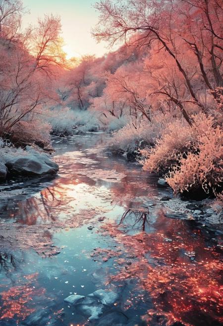 Starlight River: A mystical river flowing through a infrared landscape. The water shimmers with starlight, reflecting the Milky Way above. Strange, glowing plants line the riverbank