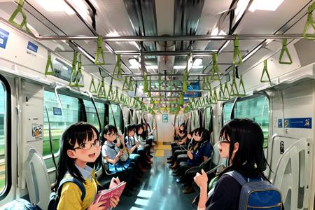 masterpiece, best quality, ultra-detailed, illustration,
E235, train interior,
multiple girls,teenage,glasses, black hair, blouse, short sleeves, pleated skirt, school bag, smile, happy, laughing,