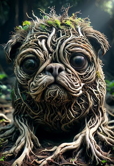 PG-TR,A pug made up of roots, candid camera, color graded cinematic, eye catchlights, atmospheric lighting, natural, shallow dof, High level of detail to create a photographic-like image, focusing on lighting, realistic textures, hyperdetailed.