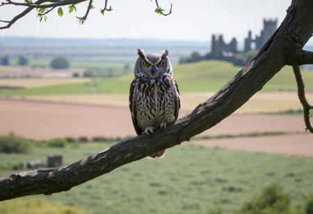 owl, looking bored, on a branch, daylight, high in a tree, plain fields in the background, rural ireland, summer, lots of green vegetation, castle ruin in the background,