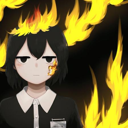 <lora:avo_rifl_08-02:1>

1girl, empty eyes, expressionless, employee uniform, fire on face, fire on hair, black hair