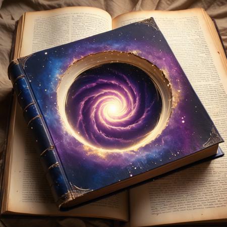 lazypos
An ancient, thick tome bound in deep cosmic blue leather lies at an angle atop several loose, aged paper sheets, set against a neutral beige background, the book's cover features an illustration of deep space filled with dense white stars, at its center is a large, irregular opening framed by jagged, dark metallic spikes, within it a swirling vortex of purple cosmic energy glows brightly, radiating mystical light, the corners of the cover are reinforced with worn, simple geometric plates, yellowed, slightly uneven pages peek from the tome's edge, faint ink splatters mark both the background and the aged sheets, illustration, cinematic angle, hyper-detailed, hyperrealistic texture, warm dramatic lighting on pages, ethereal mystical glow from central vortex, fluid swirling energy, gradients in cosmic hues, dynamic composition, organic feel of aged paper, sparkles within the nebula, film grain, light dust, vintage effect, light particles emanating from the portal, fantasy genre, vintage artifact aesthetic, magical aura