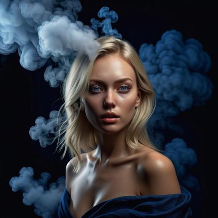 Ultra realistic color pencil drawn portrait of a beautiful 20yo blonde female photo model modeling in a studio on a black box against a midnight blue backdrop and with smoke machines filling the room with fog, giving her the appearance of emerging from the fog.
BREAK
Deep dark intense (midnight blue hazy background:1.6),
dynamic lighting, (soft shadows), (soft focus),  (photo realistic), uhd, 8k