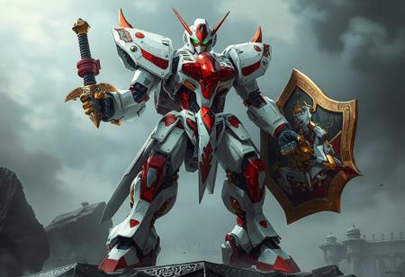 "Exquisitely detailed Damage Mage robot stands poised for battle against a Altar of Mist background, showcasing a predominantly white body adorned with accents of red and gold. The robot's arms and legs are a striking combination of red and gold, with a sword in its right hand and a shield in its left. The image presents a highly detailed and colorful details of a robot, ready for action in 4K, exceptional quality, and vivid emotions. (Trending on Artstation, James Gurney-inspired color balance and lighting)"