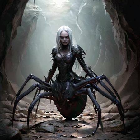 
drider, 1girl, solo, no humans, spider legs, arthropod limbs, multiple legs, long hair, breasts, medium breasts, white hair, armor,