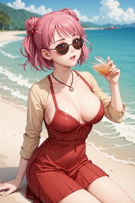 (masterpiece, best quality),(grainy:0.8), (ultra realistic:0.8), (extremely detailed:1.2), perfect anatomy, BREAK girl, ((sunglasses)), reflection on sunglasses, eyes under sunglasses, (drinking soda:1.2), ponytail, hair flower accessory, BREAK detailed summer dress, BREAK beach background, <lora:YagamiCoco-000014:0.4>,((large breasts)),