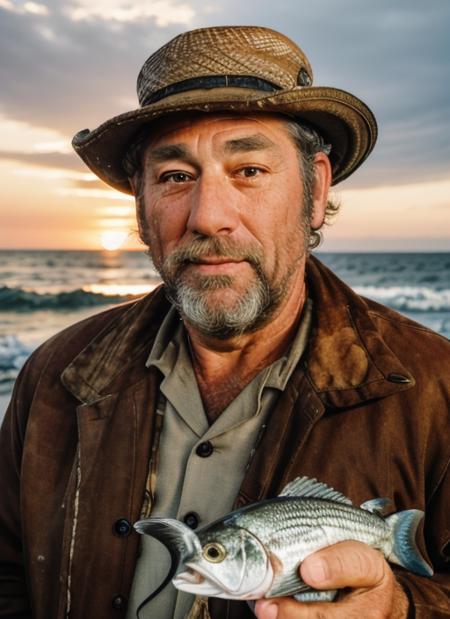 ck1, Crusty Fisherman: Weathered Face, Salt-and-Pepper Beard, Old Fishing Hat, Tattered Clothes, Fisherman Boots, Worn-Out Gloves, Fishing Rod, Nets, Fish Crates, Rustic Fishing Boat, Sea Spray, Fishermen's Wharf, Seagulls, Weathered Hands, Rugged Seaside Landscape, Fisherman's Shack, Fishing Tackle, Sea Breeze, Fishing Lines, Fishing Village, Catch of the Day, Fishing Techniques, Sunset on the Horizon, Sea Stories, Hard-earned Wisdom, Seafood Feast.
 <lora:CosmoKramer:1>