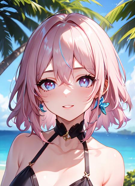 Mards, 1girl, solo, jewelry,  blue eyes, pink eyes,  hair between eyes, short hair, purple eyes, multicolored eyes,  bikini, ocean, bay, trees, <lora:Mar-t1-000003:0.7>, (masterpiece:1.6, best quality),  (finely detailed beautiful eyes: 1.2), ultra-detailed, illustration,beautiful detailed eyes,