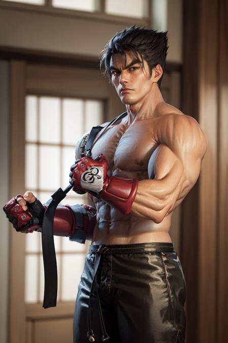 (masterpiece, best quality:1.2), <lora:tekken_kazama-10:0.9>, cowboy shot, solo, male focus, 1boy, kazama jin, topless male, serious, closed mouth, pants, fingerless gloves