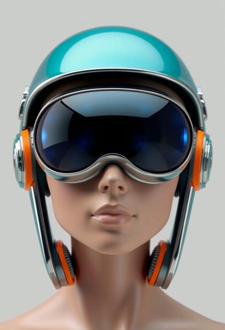 The figure's head is encased in a streamlined helmet, predominantly chrome with teal accents. The helmet appears highly polished, with a smooth, almost glossy finish. Integrated into the helmet are large, circular, reflective lenses that cover the eyes entirely. The lenses glow with blue hue, giving off a cool, futuristic aura. These oversized goggles suggest an augmented reality or heads-up display function, typical of high-tech environments. Around the figure’s ears are sleek, futuristic headphones, which are seamlessly built into the helmet design. These headphones are primarily orange with grey, horizontal stripes along the side, indicating an interface for communication or audio enhancements. The skin tone appears smooth and artificial, hinting at synthetic or modified human characteristics