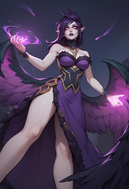 M0rg4n4, morgana, 1girl, purple eyes, pointy ears, makeup, purple lips,long hair, black hair, purple hair