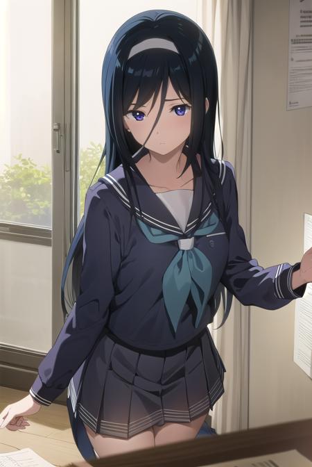 fuyumiirisu, <lora:fuyumi irisu s1-lora-nochekaiser:1>,
fuyumi irisu, long hair, (purple eyes:1.1), black hair, hair between eyes, hairband,
BREAK skirt, school uniform, serafuku, kamiyama high school uniform \(hyouka\), black skirt, long sleeves, black sailor collar,
BREAK indoors, classroom,
BREAK looking at viewer, (cowboy shot:1.5),
BREAK <lyco:GoodHands-beta2:1>, (masterpiece:1.2), best quality, high resolution, unity 8k wallpaper, (illustration:0.8), (beautiful detailed eyes:1.6), extremely detailed face, perfect lighting, extremely detailed CG, (perfect hands, perfect anatomy),