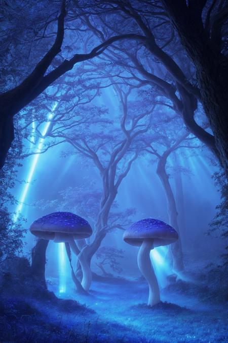 misty enchanted forest, glowing mushrooms scattered on the forest floor, ancient trees with twisting branches, soft blue and purple lighting, gentle fog rays through trees, fantasy magical vibe, high detail forest floor