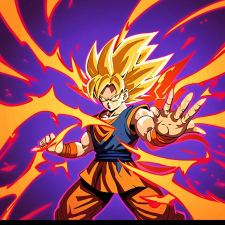 son goku releasing an energy blast from her hand, epic pose, wide stance, low angle, muscular, mouth open, angry, flat colors <lora:slay1-000010:1.1> slaythespire, cardart, flat colors