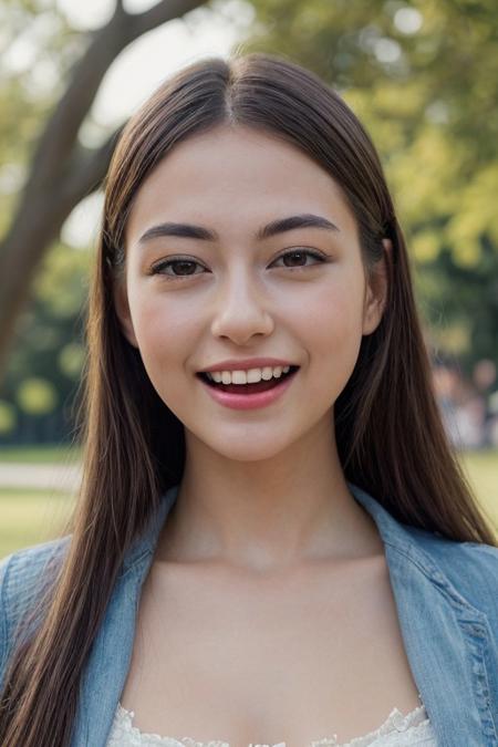 beautiful, ((masterpiece:1.4)), ((best quality:1.2)), intricate details, beautiful cute cheerful girl in casual clothes with hands behind back in a park looking at viewer, long hair, highres, realistic, happy, ((mouth closed:1.2)), UHD, sharp focus, mesmerizing, ultra detailed, realistic detailed eyes, detailed smooth realistic skin texture, detailed face, high texture resolution