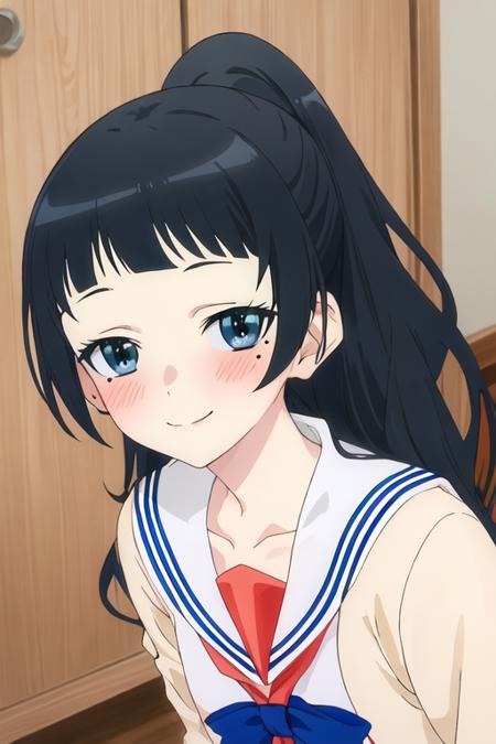 best quality, masterpiece, highres, solo, {chiyo_4ninwasorezoreusootsuku:1.15}, black_hair, long_hair, blush, bangs, mole, mole_under_eye, blunt_bangs, smile, blue_eyes, serafuku, ponytail, 1girl, portrait, school_uniform, looking_at_viewer, sailor_collar