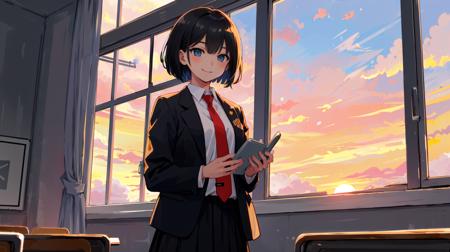 mksks style, masterpiece, best_quality, ultra-detailed, illustration, cowboy shot, wide shot, ((solo)), ((1girl)), blazer, black_jacket, necktie, skirt, sunset, classroom, window, short hair, bob cut, smile, closed mouth, messy hair,