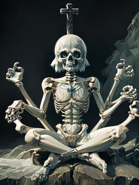 a professional photography of a skeleton meditation, deep meditation, sitting cross-legged, ethereal, hdr, extremely detailed, <lora:Brush_V2:0.7>