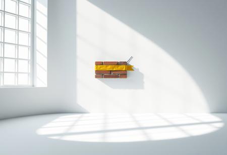 “Captured with Panavision Prime Cine optics: a minimalist studio scene featuring a pastel white dome-shaped wall curving seamlessly into the floor, softly illuminated with diffused cinematic lighting. Cube-shaped shadows, cast by a front-facing window grid, add depth and visual interest to the composition. At the exact middle height of the wall, a bold brick stands, secured with an extra-wide strip of vibrant yellow duct tape. Beside the brick, a prominent, jagged scar disrupts the wall’s smooth surface, adding a raw, contrasting imperfection to the pristine aesthetic. The premium optics emphasize every detail, from the textures of the wall and shadows to the vivid tones of the brick and tape.”