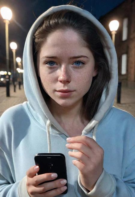 27-year old girl, dark hair, light blue eyes, Swedish, ((cream hoodie)), medium breasts, holding a phone, freckles, standing on the street, evening, warm light, hyperrealistic, realistic photo, 8k quality, best quality, <lora:SashaXL:1,3>, <lora:perfect_hands_2:1,5>