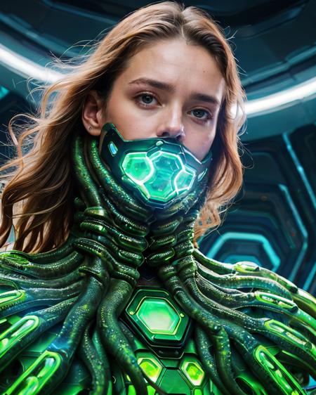 closeup RAW portrait photo, 18 yo female supermodel, sci-fi, dynamic pose, (octopus skin texture), wavy hair, tentacles, bright emerald|opal moody, cyber style bodysuit, busty, anorexic, ((hexagonal alien landscape structures)) background, shadows, extremely perfect details, <lora:Lit:0.25>, (natural skin texture, hyperrealism)