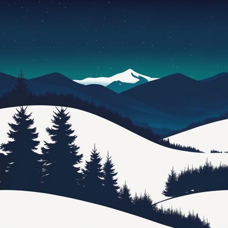 <lora:chahualiu:0.9>, chahua, winter landscape, (dark night:1.3), snowing, hills, fir trees, no humans, scenery, silhouette