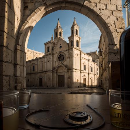 documentary photo of the Cathedral of Matera (church) with its bell tower inside a square glass jar with lid, placing on the windowsill, extremely detailed, 8K, apocalyptic punk style, miniatures, macro photography in close-up