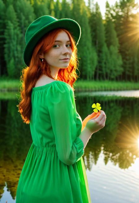 18 year old woman with red hair.  standing by a forest lake in a green dress and a green hat, you can see the reflection in the water.  holding five leaf clover, sunset
4k, full HD, cinematic,