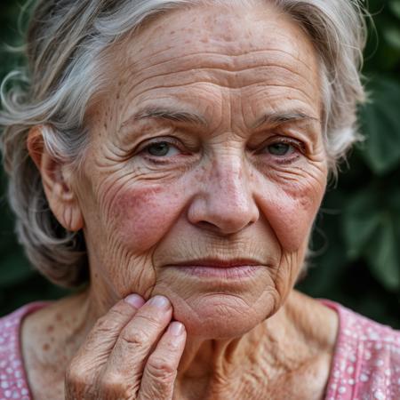 RAW photo, portrait of a beautiful 70 year old woman, wrinkled face, pink summer dress (high detailed skin:1.2), 8k uhd, dslr, soft lighting, high quality, film grain, Fujifilm XT3
dappled light on face, pale skin, skin pores, oiled shiny skin, skin blemish, imperfect skin, intricate skin details, visible skin detail, detailed skin texture, blush, wrinkles, vitiligo spots, moles, whiteheads, blackhead, white pimples, red pimples, beauty spot, skin fuzz, [[[[[freckles]]]]] (perfect eyes), ((perfect hands with four fingers and one thumb each))