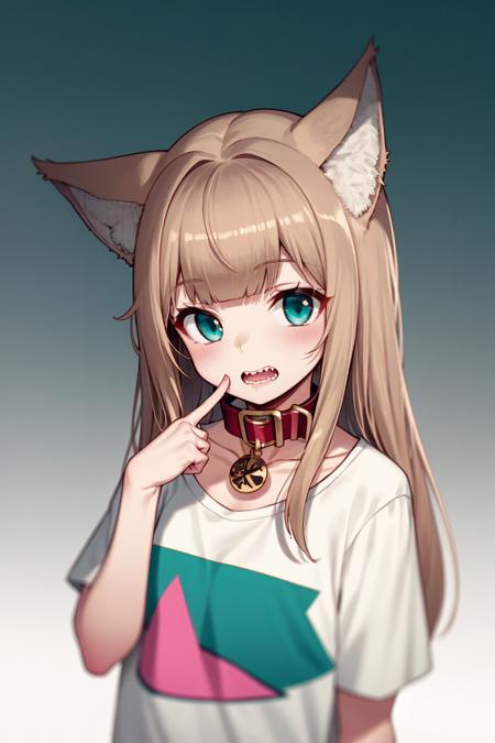 40hara, brown hair, cat girl, 1girl, animal collar, animal ear fluff, aqua eyes, biting, blunt bangs, cat ears, chromatic aberration, clothes writing, collar, collarbone, finger biting, gradient background, red collar, shirt, solo focus, t-shirt, teeth, upper body, white shirt
<lora:40hara_v4_no-noise-offset-000021-32rank:1>