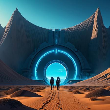 Epic cinematic digital matte painting. Medium shot. Travelers in futuristic attire, emerging from a glowing portal. Eye-level. Inspired by the surreal works of Simon Stalenhag, intricate textures like those of Syd Mead. Glowing portal's light licking their futuristic attire. Panoramic dunescape of Arrakis unfolding in the background, majestic and barren. Dramatic atmospheric gradient of opposing blues, accentuated by two burning suns. Maximalist meticulously detailed definition, with delicate ephemeral dust and billowing ozone-scented winds in the air.