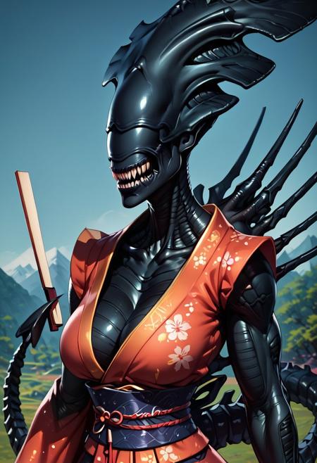 score_9, score_8_up, score_8, source_anime, 1girl, <lora:XenomorphQueen:0.9> solo, colored skin, muscular female, black skin, no eyes, tail, monster, upper body, teeth, sharp teeth, holding japanese folding fan, wearing kimono, 
japanese castle background, 3D, HD,