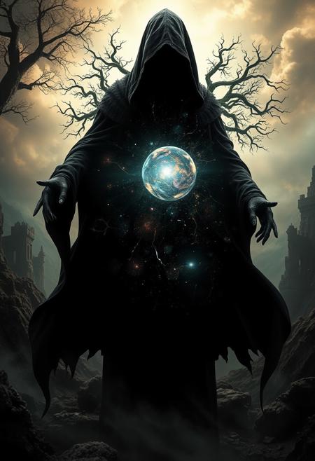 A universe inside a dark cloaked figure within mysterious landscape in an unfathomable realm of fantastic creation inhabited by ancient shadows of a forgotten time beyond the gate of the gateless gate where life is limitless, light is shadow and shadow is light, eerie sense, horror, spark of the beginning, existence and nonexistence at once, ethereal, outstretched arms, behold the end of the beginning, inglorious glory to the dark one, betrayal of the ancient order, beware the 7headed beast, destroyer of the old ways, bearer of the unbearable, nightmarish, archaic runes, tree aging backwards, breath of the gods, ruins of a place unimagined, extreme intricate detail, photorealistic, beyond epic scene, fate discarded, unseeable face of god, the end is the beginning, the beginning is the end, man arises as god dies