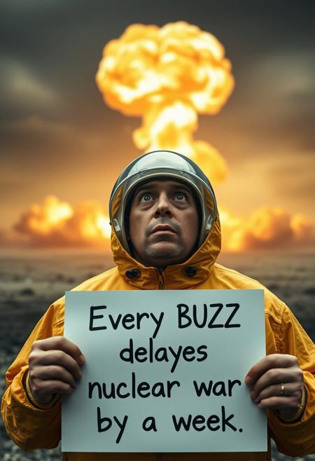 A man in a chemical protection suit watching a nuclear explosion, with an expression of extreme shock on his face, holds a sign that says "Every BUZZ delays nuclear war by a week", a realistic cinematic shot,