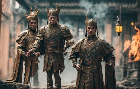 1boy Wear armor,(outside:2),solo,weirdness chinese,flame,soft light,(Full-body photo),lantern,(smoke),(Chinese architecture),sword,wallpaper,  beautiful studio soft light, rim light,
Ultra-high quality, (Masterpiece, best quality, complex details: 1.2),Weird atmosphere,