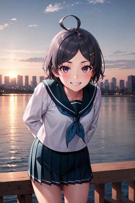 masterpiece, best quality, cowboy shot, grin, komachi hikigaya, short hair, ahoge, hairclip, school uniform, serafuku, long sleeves, pleated skirt, black kneehighs, arms behind back, leaning forward, outdoors, lake, skyline, <lora:komachi_hikigaya_v2:1.0>