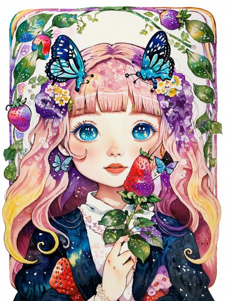 (((portrait))) ,(((masterpiece))),(((best quality))), ((ultra-detailed)), (illustration), ((an extremely delicate and beautiful)),floating, (beautiful detailed eyes), (detailed light),(((fruit))),flowers,(((((colorful))))),garden,by alan lee,colorful background,forest,bird,butterfly,<lora:mkru:1>mkru chibi