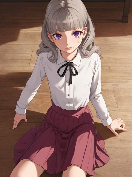 1girl, closed mouth, long hair, blunt bangs, grey hair, mole, mole under mouth, long sleeves, collared shirt, neck ribbon, socks, long skirt, mary janes, purple eyes,