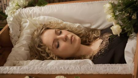 stunning raw photograph, studio photograph, dslr, uhd, shot with Canon, solo, realistic, perfect face, woman lying in wooden coffin, eyes closed, hippy chic, blonde, big nose, curly hair, flowers, quiet dignity, detailed background, funeral parlor  <lora:womanincoffinxl-000008:0.9> <lora:pennynosexl:0.7>