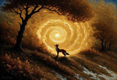 A masterful oil painting in the heroic, beautiful style of Boris Vallejo, but filled with whimsy. In a moonlit clearing, a fox stands joyfully on its hind legs in a dancing pose. It is surrounded by a magical, swirling vortex of autumn leaves, which glow with a warm, inner light. This abstract, painterly vortex is the main light source, creating a beautiful chiaroscuro and casting soft, Aivazovsky-style volumetric rays. Each leaf is a single, thick daub of impasto paint. The atmosphere is pure enchantment, joyful, and deeply magical.