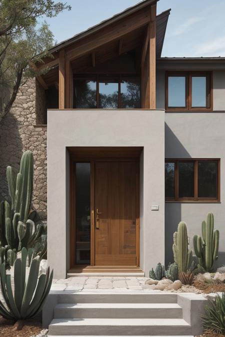 modern architecture,house exterior,open doorway,pathway,big windows,glass doors,rustic feel,minimalistic design,natural elements,cactus plants,agave plants,stone steps,contemporary style,exterior lighting,large wooden beams,landscaping,outdoors,day time,neutral colors,rustic elements,