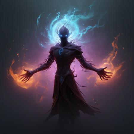 Artnthrmg, With this spell, the nether mage can turn his body into pure elemental nether. In this form, the mage is able to use his own body as a receptacle for elemental energies that can be used afterwards for various nether spells. The control of nether energy is very difficult and a careful nether mage makes a strong point of always having is control spell up and to avoid returning to his normal body with too much stored energy. The amount of nether energy that can be stored is linked to the nether mage status in the nether guild. A nether mage must also be careful not to have too much elemental energy stored when he goes back to his normal form, for else the huge amount of energy will explode into the air around the mage, which might prove quite lethal. Efficiency of this spell depends on the mage knowledge in the basic bodies and masteries, fire, earth, water and air.. ::2 masterpiece, long exposure, layered elements, motion photography, stark contrasting color transitions, saturated colors, harmonious color story, illusionism, beautiful details, blackhole energy core, ::1 --style raw