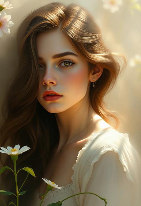 A mysterious, otherworldly figure, 
soft realistic portrait, impressionist light effects, muted pastel and earthy tones, sculptural yet painterly brushwork, sun-dappled textures, dreamy and tranquil atmosphere, serene composition, luminous feminine beauty, floral garden setting