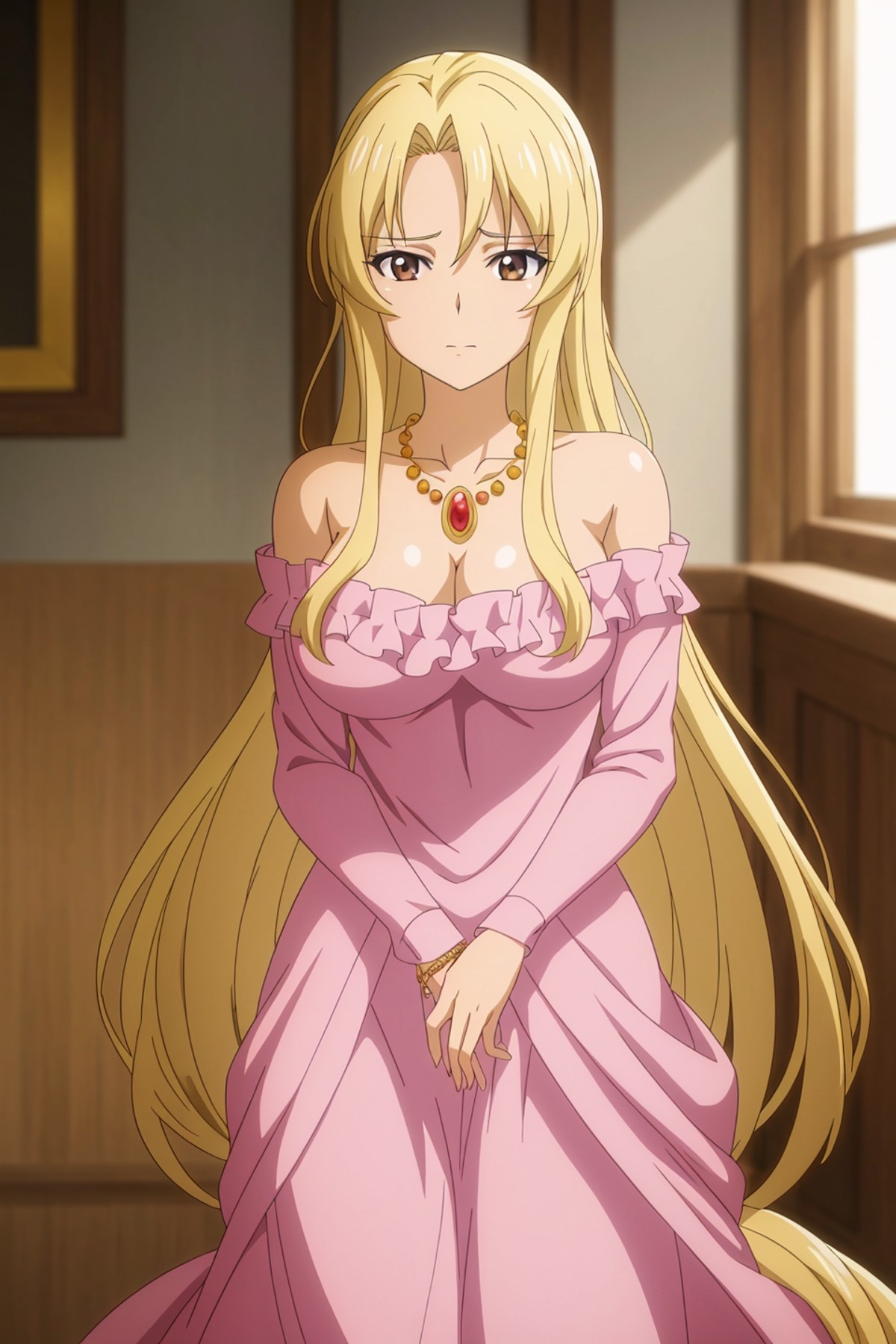 seriarna, anime, 1girl, solo, long_hair, breasts, looking_at_viewer, blonde_hair, dress, bare_shoulders, brown_eyes, jewel...