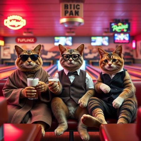 A highly detailed and humorous photo of three anthropomorphic cats recreating the iconic bowling alley scene from *The Big Lebowski*. The characters are sitting in the bowling alley lounge, each with distinct personalities: one cat as The Dude, wearing a robe and sunglasses with a relaxed expression, holding a White Russian; another as Walter Sobchak, wearing aviator glasses and a vest, with an intense look, gesturing as if mid-rant; and the third as Donny, looking clueless and attentive. The retro bowling alley features neon lighting, classic wooden lanes, and vintage seating. The perspective is cinematic, capturing the quirky yet laid-back atmosphere of the film. High-definition, vivid colors, and a film-inspired composition.