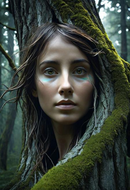 masterpiece, highres, detailed, highly aesthetic, engaging, dynamic composition, expressive digital palette, 
dryad,
pareidolia effect creating a beautiful face in branches, a mysterious forest realm, nature, a twisting natural beauty, otherworldly grace, spirit of the forest,
moody, cinematic,
8k, very aesthetic, professional 4k, Canon 5d mark 4, sharp focus, clean lines, realistic style, film grain, cinematic, moody lighting, natural light, soft light, depth of field, light particles, backlight, chiaroscuro, refraction, subsurface scattering