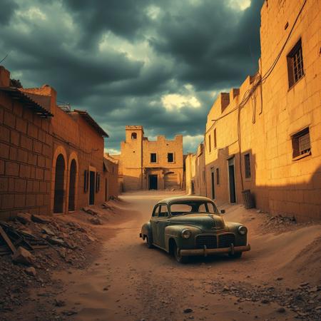 8K, UHD, HDR, cinematic, cinematic image, intricate details, realistic, photo,
Painting using oil paints.
Golden tones, Warm tones, warm hues. Black cloudy sky. 
Ancient stone buildings, apocalyptic, dilapidated, rundown, rubble, sand blown against walls and along roads. Deep sand filling alleyways.
A single rusting wreck of an old car.
Atmospheric, antique, intricate, detailed. Rustic. Debris. Dusty.
(Watercolor dreaminess), soft watercolor, selective color,
Fantasy style. Fantasy dreamlike art. 
<lora:RMSDXL_Enhance:0.45>,
<lora:add-detail-xl:0.8>,
<lora:Surreal Harmony:0.2>
<lora:The_Dark_Side_of_the_Earth:0.2>
<lora:Old_Style_SDXL:0.2>
<lora:DonM0ccul7Ru57XL-000006:0.8> DonM0ccul7Ru57XL