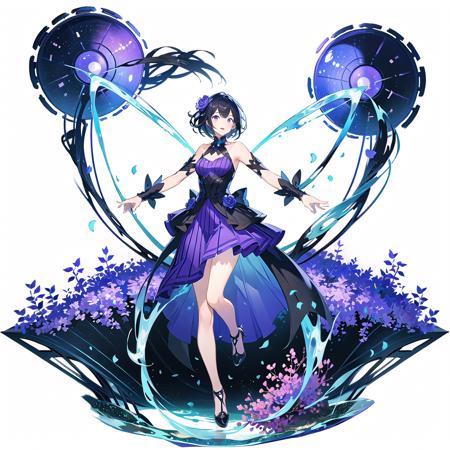 <lora:GachaSplashVFairY:0.6>,(white background:1.5), 1girl, solo, breasts, short hair, full body, black hair, standing on water, purple flowers